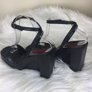 BCBG Black Leather Ankle Strap Heels